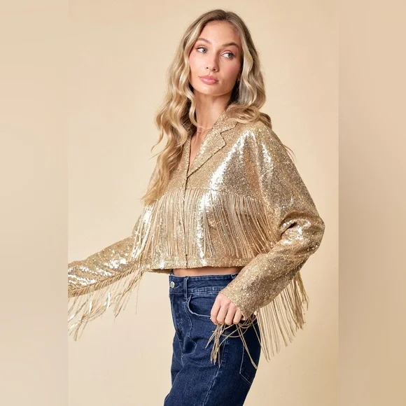 62B. Fringe Sequin Crop Jacket - Gold